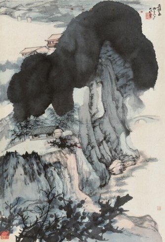 珍品旧蔵清代 中国古画張大千 永興当 【 宝鉢を集めた山水 墨をかけて